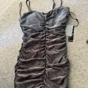 Nye cocktail mini dress spaghetti strap silver shimmer sparkle ruched cute hot